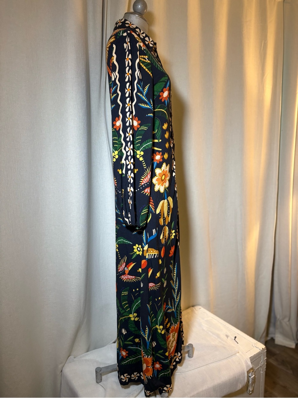 Farm Rio x Anthropologie Embroidered Floral Bird Maxi Shirt Dress 100% Viscose S - Picture 11 of 16